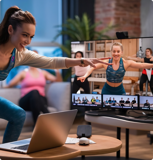 Trainer leading virtual personal training class for clients at home across the UK