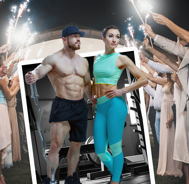 Happy bride and groom showing fitness on their special day